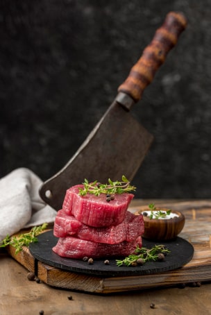 high-angle-meat-slate-with-herbs-cleaver 1-min